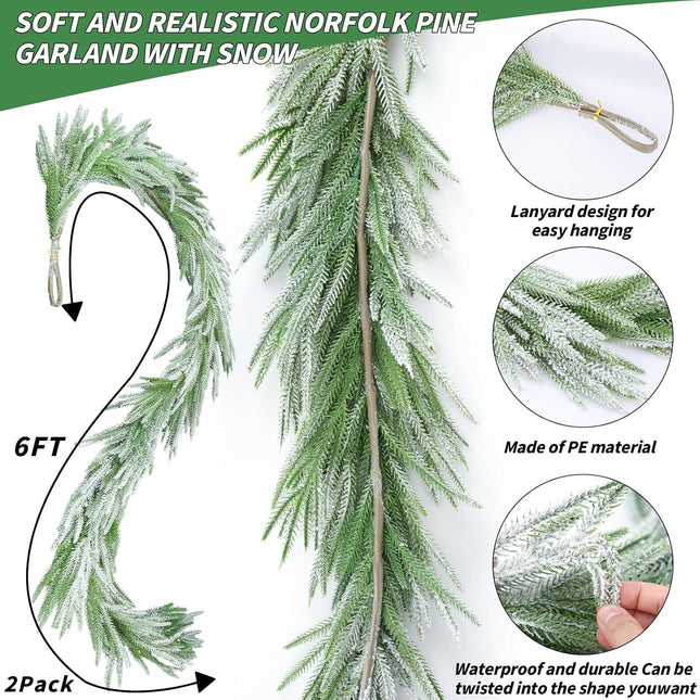 2 Pcs Snow Flocked Norfolk Pine Garlands, 72 Inch Real Touch Winter Pine Garland, Green Artificial Greenery Garland for Table, Mantle, Wall, Indoor, Outdoor Christmas Decorations