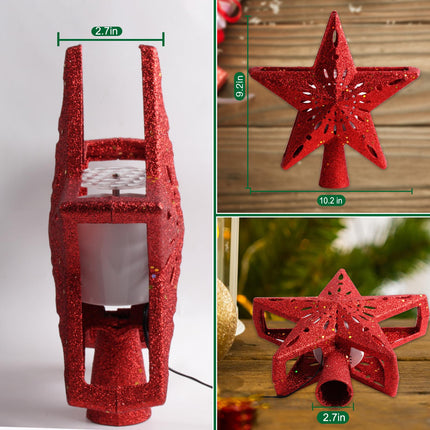 Christmas Tree Topper Lighted with 6 Projection Pattern -Star Tree Topper Built-in Led Rotating Light -3D Glitter Hollow Dynamic Projector for Xmas Tree Topper Decoration (Red)