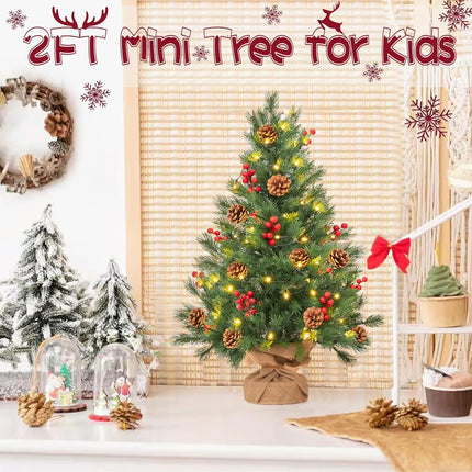 2 Pack 24 in Realistic Feel Thick Prelit Artificial Christmas Tree Tabletop Decorations Timer Battery Operated Pine Cones Red Berries Christmas Indoor Home Decoration