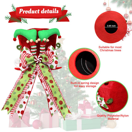 Christmas Tree Topper Hat with Bow, Red Velvet Top Hat Ornament with Elf Legs and Red & Green Polka Dot Bow, Winter Holidays Xmas Decor for Home Decoration