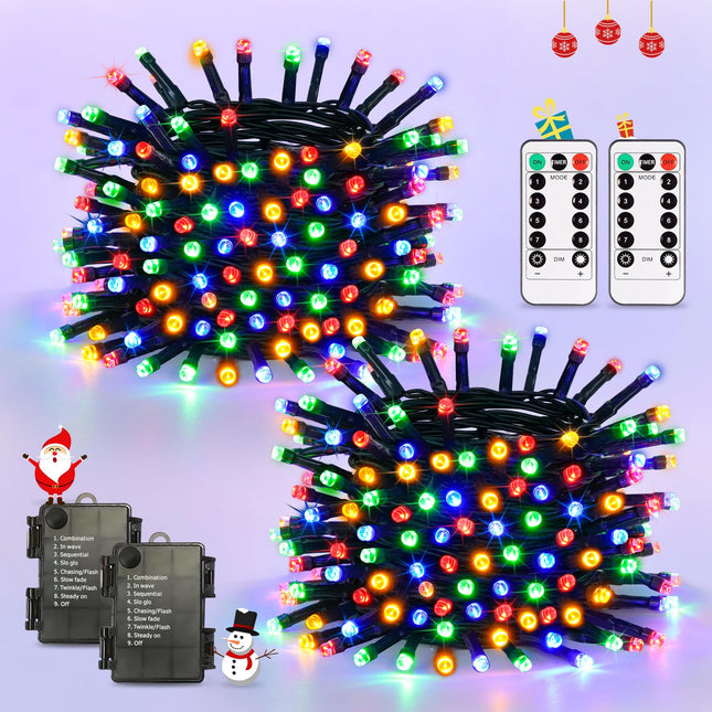 JMEXSUSS 2 Pack Battery Christmas Lights with Remote, Multicolor Christmas Lights Indoor Outdoor Waterproof, Each 33 FT 100 LED Christmas Tree Lights Battery Operated for Garden Decor