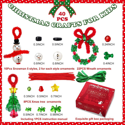 NESTRE Christmas Crafts for Kids - 40 Sets Christmas Beaded Ornament Kits Including 10Pcs Snowman 5 Styles 2 for Each Style,22Pcs Wreath,8Pcs Xmas Tree,for Xmas Holiday Party Tree DIY Decorations