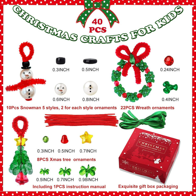 NESTRE Christmas Crafts for Kids - 40 Sets Christmas Beaded Ornament Kits Including 10Pcs Snowman 5 Styles 2 for Each Style,22Pcs Wreath,8Pcs Xmas Tree,for Xmas Holiday Party Tree DIY Decorations