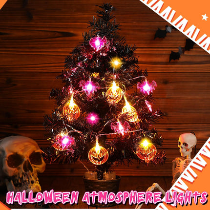 20 Inch Small Halloween Tree Mini Artificial Spooky Black Tree Glittered with LED Orange Pumpkin Purple Bat Lights, Battery Powered Tree for Halloween Indoor Room Tabletop Decoration