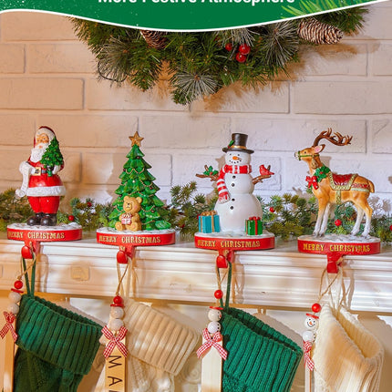 Minetom Christmas Stocking Holders for Mantle Set of 4, 3D Resin Tree Reindeer Snowman and Santa Claus Stocking Hangers, Home Xmas Decorations for Fireplace Mantel Table Garland