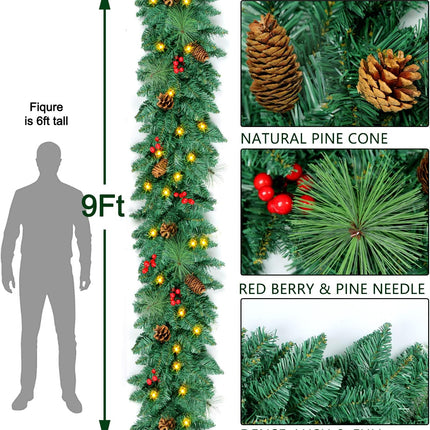 9FT Prelit Christmas Garland with 100 Lights Christmas Decorations Outdoor Lighted Christmas Garland for Mantle Stairs Railing Tree, Pre-Lit Christmas Garland Battery Operated Xmas Garland Fireplace
