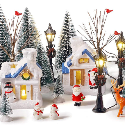 Namalu 34 Pieces Christmas Village Houses Set, Mini Christmas Trees Christmas Accessories Set Santa Snowman Street Lamps for Christmas Village Miniature Town Home Table Top Decoration(Cute Style)