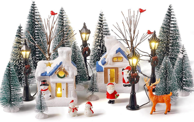 Namalu 34 Pieces Christmas Village Houses Set, Mini Christmas Trees Christmas Accessories Set Santa Snowman Street Lamps for Christmas Village Miniature Town Home Table Top Decoration(Cute Style)