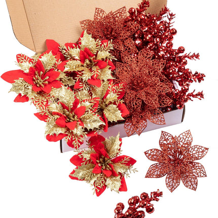 24Pcs Christmas Poinsettia Artificial Flowers and Glitter Berries Kit, 2 Styles Total 16Pcs Christmas Tree Flowers Ornaments, 8Pcs Christmas Tree Picks for Wedding Holiday Decorations, Red Gold