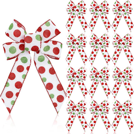 24 Pcs Christmas Bows Decoration Red Green Wreath Bow 6.3'' x7.9'' Polka Dot Large Premade Bows Xmas Tree Topper for Outdoor Indoor Garland Wedding Party (White, Green and Red)