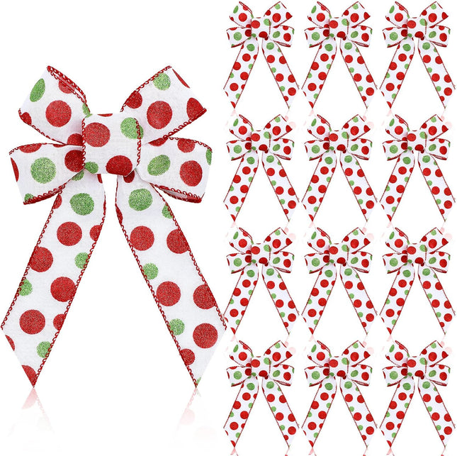 24 Pcs Christmas Bows Decoration Red Green Wreath Bow 6.3'' x7.9'' Polka Dot Large Premade Bows Xmas Tree Topper for Outdoor Indoor Garland Wedding Party (White, Green and Red)
