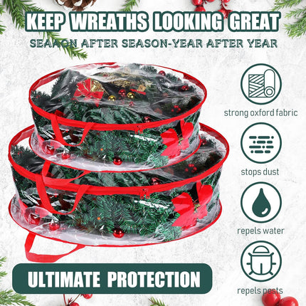 Zhengmy 4 Pack 30" 24" Wreath Storage Container Clear Christmas Wreath Storage Bags with Handle and Dual Zipper Plastic Decorative Wreath Protector for Xmas Seasonal Holiday Wreath Garland(Red)