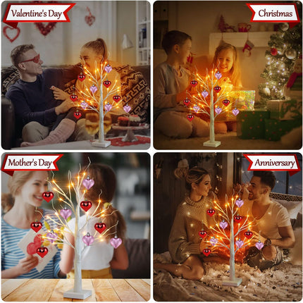 Valentines Day Decorations 24 Inch Lighted Birch Tree with 10pcs Red Pink Heart Hanging Ornaments, Battery Powered Valentine Tree with 24 LED Lights for Home Indoor Party Wedding Decor (2 Pack)