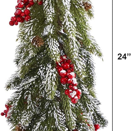 Nearly Natural 24in. Flocked Christmas Artificial Tree with Berries and Pine Cones