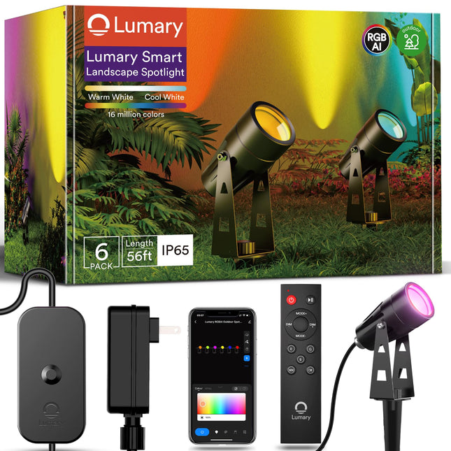 Lumary 56Ft Smart Landscape Lights Waterproof, 6 Pack Low Voltage Landscape Lighting, RGBAIWW Color Changing Landscape Spotlight Outdoor Lights for Christmas Decorations, WiFi APP/Voice/Remote Control