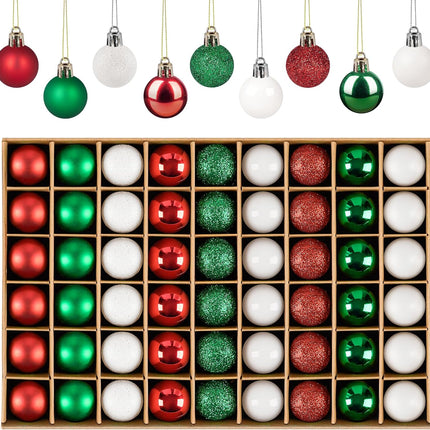 Mini Christmas Tree Ornaments,54Pcs Mini Christmas Ball Ornaments with Strings,30mm/1.18-Inch Small Shatterproof Christmas Baubles,Miniature Xmas Christmas Decorations (White, Red, Green)