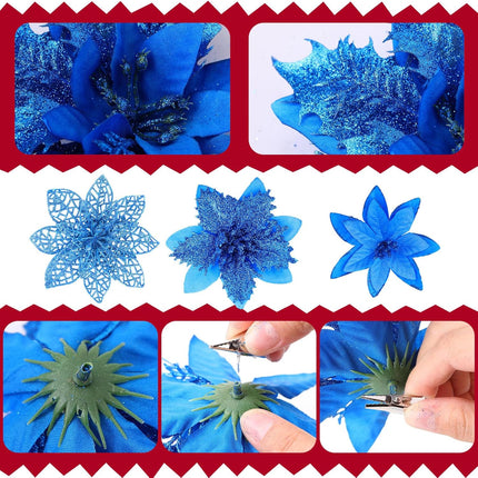 Zeyune 36 Pcs Christmas Poinsettia Artificial Flowers Decorations Glitter Poinsettia with Clips for Christmas Tree Ornaments Xmas Holiday Wedding Garland Party Decor 6 Inch 4 Inch 3 Inch (Royal Blue)