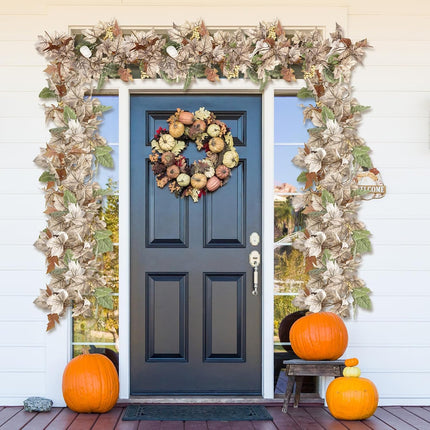 Riceshoot 4 Pcs Thanksgiving Garland 6 ft Fall Leaves Garland with White Pumpkins Autumn Maples Berry Garland Christmas Halloween Fall Mantel Decor for Home Outdoor Indoor