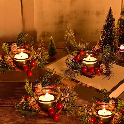 6 Pieces Christmas Candle Ring Artificial Red Berry Candle Ring with Pine Cones Christmas Candle Garland Candle Holder Ring Mini Candle Wreath Rings for Christmas Home Dining Table Centerpieces Decor