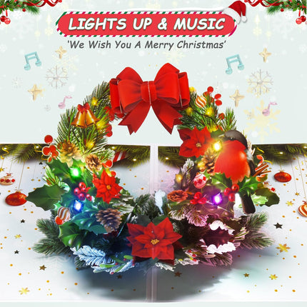 Pop Up Christmas Cards with Lights and Music, 3D Christmas Wreath Design, Handmade Musical Popup Greeting Card for Christmas Holiday Includes Envelop, Playing 'We Wish You a Merry Christmas'