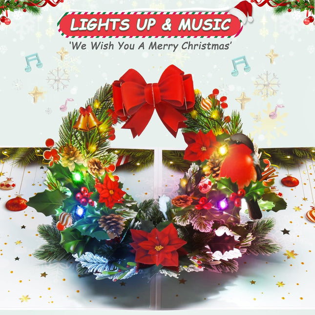 Pop Up Christmas Cards with Lights and Music, 3D Christmas Wreath Design, Handmade Musical Popup Greeting Card for Christmas Holiday Includes Envelop, Playing 'We Wish You a Merry Christmas'