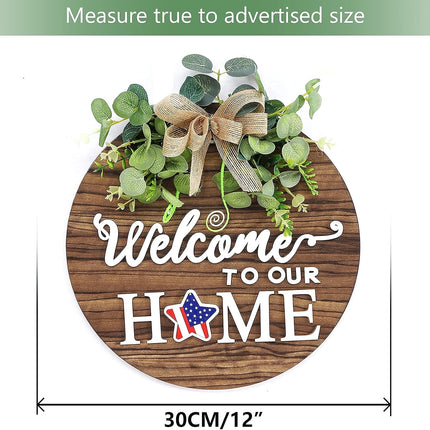 Interchangeable Seasonal Welcome Sign Front Door Decoration, Rustic Round Wood Wreaths Wall Hanging Outdoor, Farmhouse, Porch, for Spring Summer Fall All Seasons Holiday Halloween Christmas.