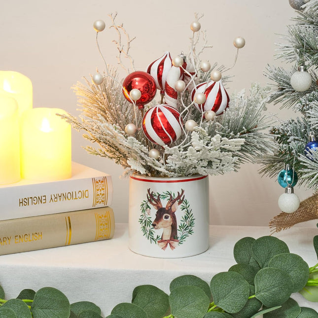 Plus tard Christmas Table Decor 12 Inches Ceramic Potted Snow Flocked Pine Needle White Berry Red Ornaments Decorative Holiday Tree Tabletop Xmas Centerpiece Decor