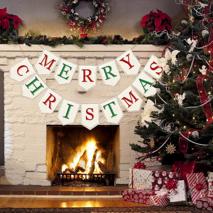Whaline 2Pcs Christmas Burlap Banner Felt Merry Christmas Banner Red Green White Xmas Bunting Garland Pre-Assembled Celebration Hanging Decorations for Home Party Supplies
