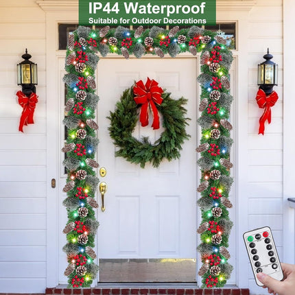 Remote Control - 9 Ft Prelit Christmas Garland 50 Color Lights Timer 8 Mode Thick 300 Branches 198 Red Berry 18 Pinecone Battery Operated Xmas Decor