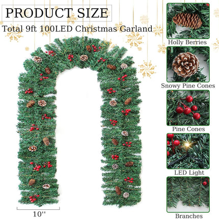 ZIFTY 9FT Christmas Garland with 50LED String Lights Battery Timer Operated Pre-lit Garland Christmas Decoration Greenery Pine Garland Xmas Mantle Garland for Fireplace Holiday Home Indoor Outdoor