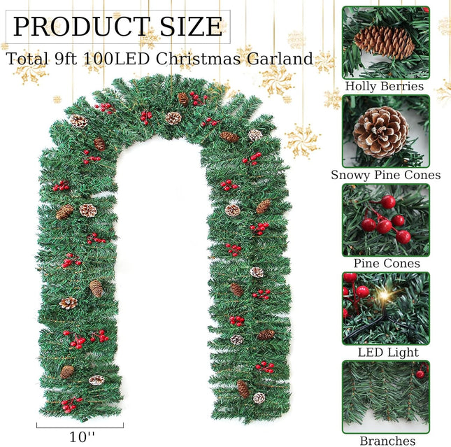 ZIFTY 9FT Christmas Garland with 50LED String Lights Battery Timer Operated Pre-lit Garland Christmas Decoration Greenery Pine Garland Xmas Mantle Garland for Fireplace Holiday Home Indoor Outdoor