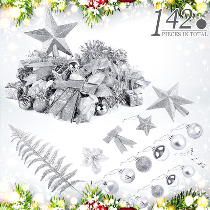 Aodaer 142 Pieces Silver Assorted Christmas Tree Ball Ornament Set Shatterproof Hanging Decoration, Christmas Tree Ball, Glitter Poinsettia, Bowknot, Tinsel, Leaves for Xmas Tree Holiday Wedding Party