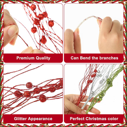 45 Pcs Christmas Glitter Berry Stems 16.9 Inch Artificial Curly Berry Stems Decorative Glittery Twigs Sticks Branches Ornaments for Xmas Tree Vase DIY Wreath Crafts Home Decor (Red, Green, Silver)