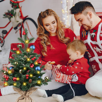 24 Inch Pre-lit Artificial Mini Christmas Tree, Vlorart Christmas Tree Tabletop Small Christmas Tree with Lights Includes Colored Balls, Berries, Pine Cones, and Cloth Bag Base
