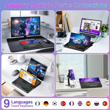 Kwumsy K3 Touchscreen Gaming Mechanical Keyboard -13"Portable Multifunctional Split Keyboard, US 82Keys RGB LED Backlit N-Key Compact Keyboard, Plug and Play for Windows Mac,75° Foldable Screen Angle.