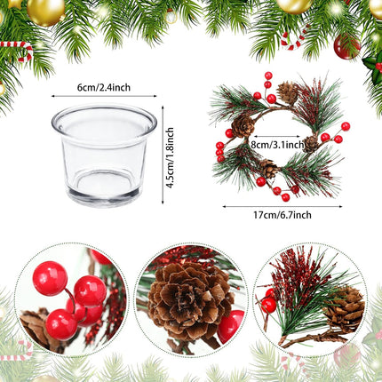 8 Pieces Christmas Candle Holders Glass Tealight Candle Rings, 4 Pieces Christmas Votive Candle Holders Berry Ring with Pinecones and 4 Pieces Votive Candle Holders for Wedding Christmas Decor