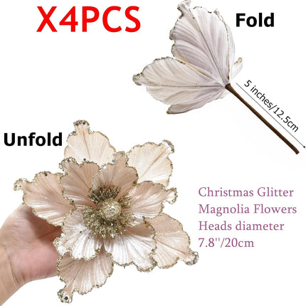 M2cbridge Artificial Christmas Magnolia Flowers Red Velvet Poinsettia Floral Picks for Christmas Wreath Tree Ornaments (4pcs Champagne Magnolia)