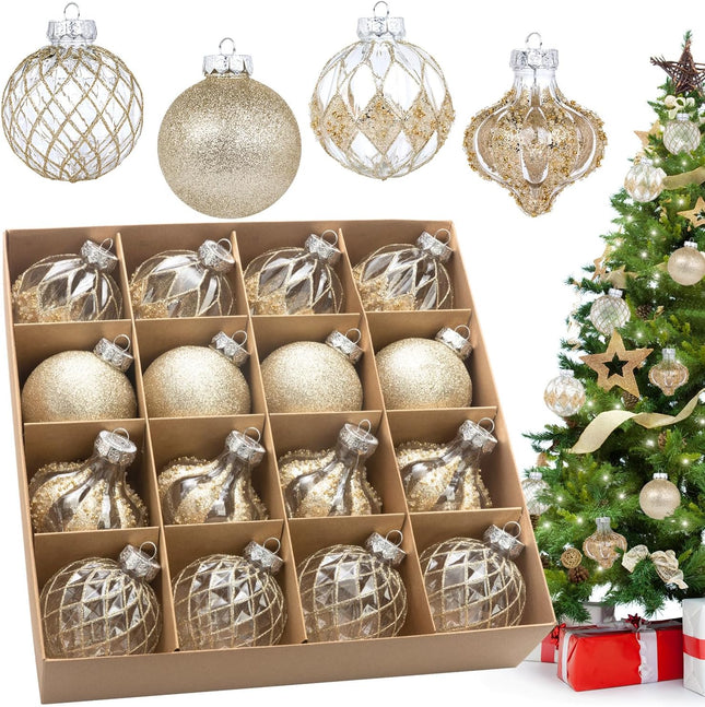 3.15" Clear and Champagne Christmas Ball Ornaments Set, 16 Pcs Luxury Hand-Painted Xmas Tree Decoration, Large Shatterproof Decorative Farmhouse Balls for Party Holiday Wreath Garland Home Decor