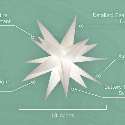 Elf Logic Large 18” Easy Assembly Warm White LED Moravian Star - Hanging Outdoor Christmas Light - Use as Holiday Decoration, Porch Light, 3D Fixture, Advent Star, Wedding & Ballroom Venue Decor