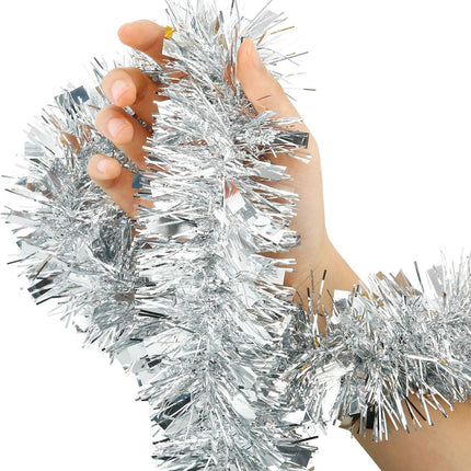 WILLBOND 50 Feet Christmas Silver Tinsel Garland Metallic Tinsel Twist Garland Christmas Tree Decorations Birthday Wedding Year Hanging Decorations Party Supplies, 3 Inch