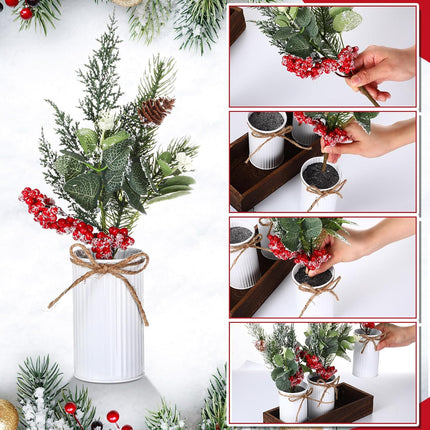 Yunlly Christmas Centerpieces Red Berry Christmas Artificial Pine Cone Snow Branches Picks with Wood Box for Rustic Farmhouse Winter Christmas Table Mantel Decoration