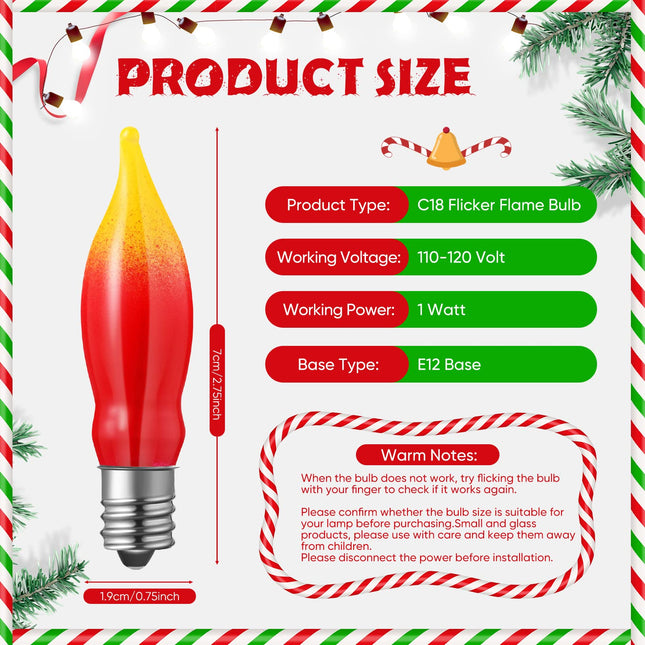 Tarpop 25 Pieces Christmas Flicker Flame Light Bulb C18 Realistic Flame Decoration Mini Tip Flame Chandelier String Light for Indoor Outdoor Party Decor E12 Candelabra Base,120 Volt(7W,Red Yellow)