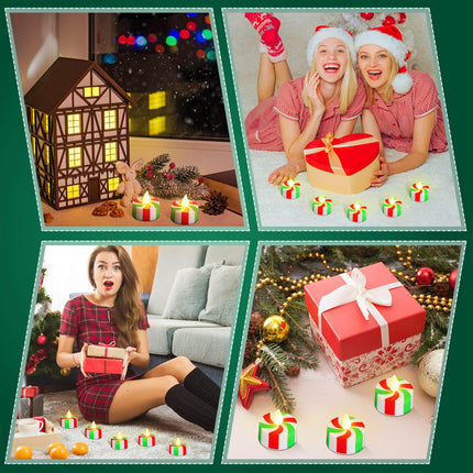 24 Pcs Christmas Candy Cane Tea Lights LED Flameless Candles Striped Battery Operated Flickering Candles Warm Yellow Light Candles Flameless Tealight Candles for Christmas Party (Red, Green)