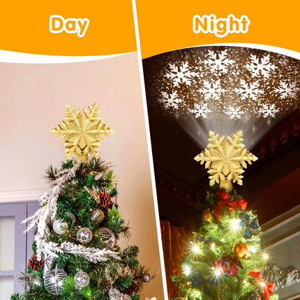 Christmas Tree Topper Lighted, Rotating Snowflake Pattern Projector, 3D Hollow Glitter Lighted Snow Tree Topper for Xmas Party Holiday Christmas Tree Decorations(Gold Snow)