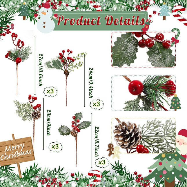 Cekene 12PC Artificial Christmas Pine Picks Branches Assorted Christmas Red Berry Picks with Pine Cones Faux Holly Stems Branches Holiday Floral Picks for Christmas Decoration Wreath Garland DIY