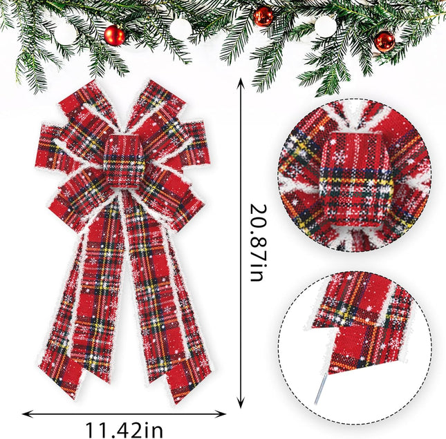 ABTOLS Large Christmas Bows for Wreath, Red Buffalo Plaid Wreath Bows Christmas Vintage Velvet Bows for Front Door, Xmas Snowflake Burlap Ornament Tree Topper Bows for Christmas Indoor Outdoor Decor
