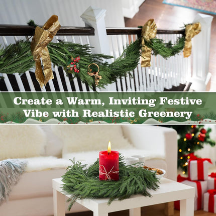 Christmas Norfolk Pine Garlands - Real Touch Greenery Garland Norfolk Pine Artificial Garland Faux Greenery Fake Garland for Holiday, Fireplace, Mantle, Indoor Wedding Christmas Holiday Decor