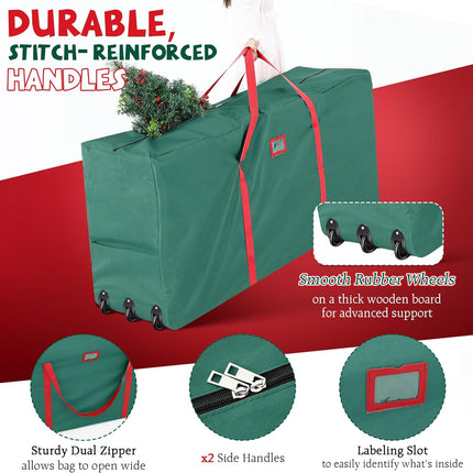 Meonum 2 Pack Rolling Tree Storage Bag, Extra Large Storage with 3 Wheels for 9FT Artificial Christmas Holiday Tree and Small Zippered Bag for 4FT Artificial Xmas Tree, Wreath and Accessories(Green)