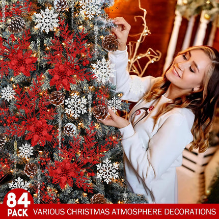 84 Pack Christmas Tree Decorations, Glitter Berry Stems, Acrylic Clear icicles Ornaments, Snowflake Ornaments, Artificial Christmas Flowers, Natural Pine Cones, Xmas Tree Decor (Red)