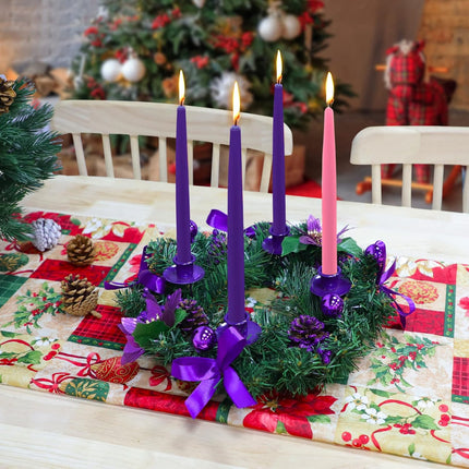 [Safety Fire Retardant] Christmas Purple Advent Wreath Decor 4 Advent Candle Holder with 4 Pinecorn 4 Ribbon 2 Poinsettia 4 Ball 4 Berry Christmas Centerpiece Table Decorations Home Indoor(No Candles)